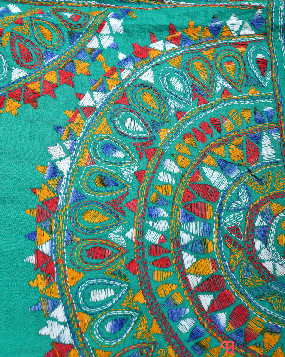 Floral Kantha Hand Embroidery Dupatta on Pure Cotton- Emerald Green