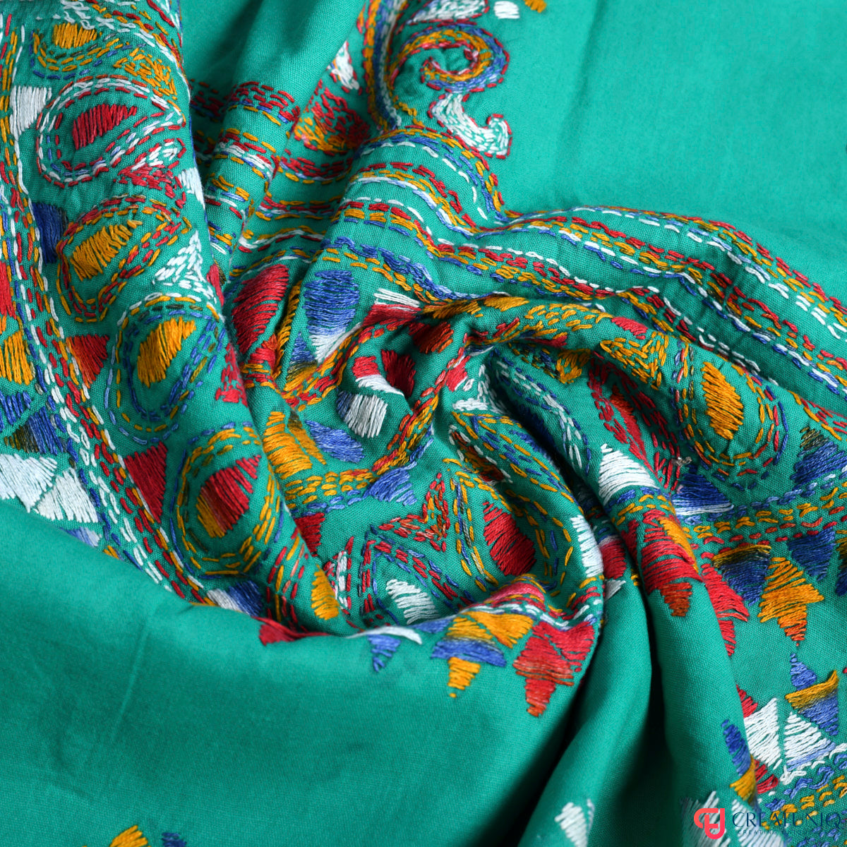 Floral Kantha Hand Embroidery Dupatta on Pure Cotton- Emerald Green
