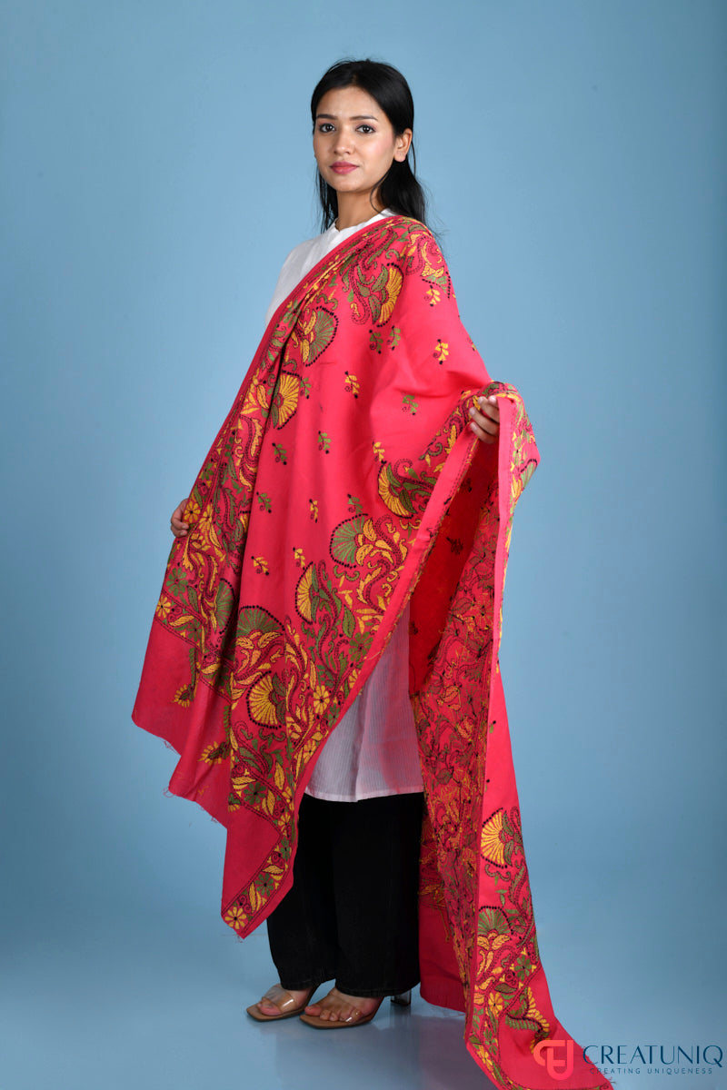Floral Kantha Hand Embroidery Dupatta on Pure Cotton- Magenta