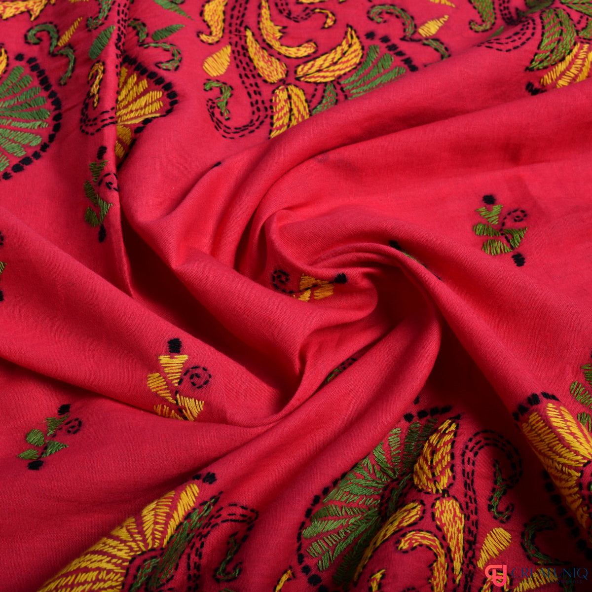 Floral Kantha Hand Embroidery Dupatta on Pure Cotton- Magenta