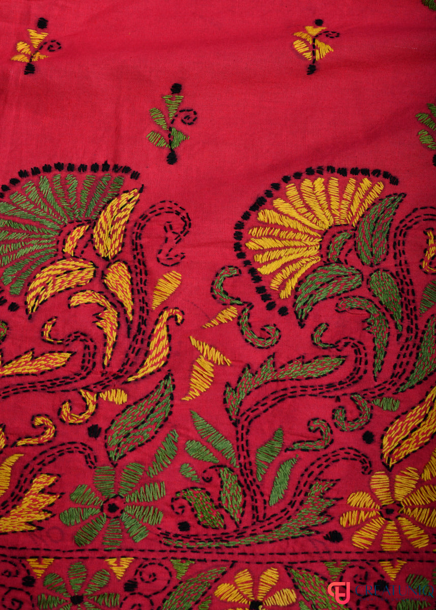 Floral Kantha Hand Embroidery Dupatta on Pure Cotton- Magenta