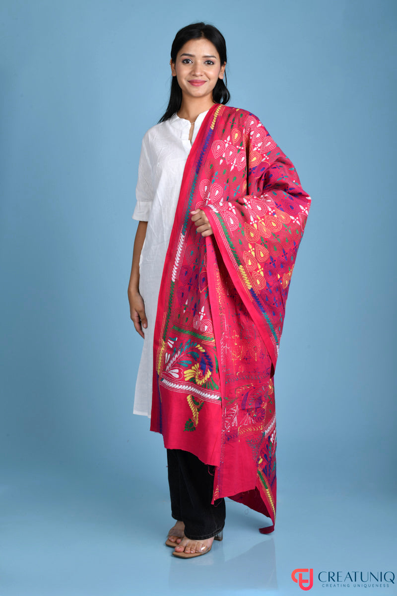 Floral Kantha Hand Embroidery Dupatta on Pure Cotton- Red