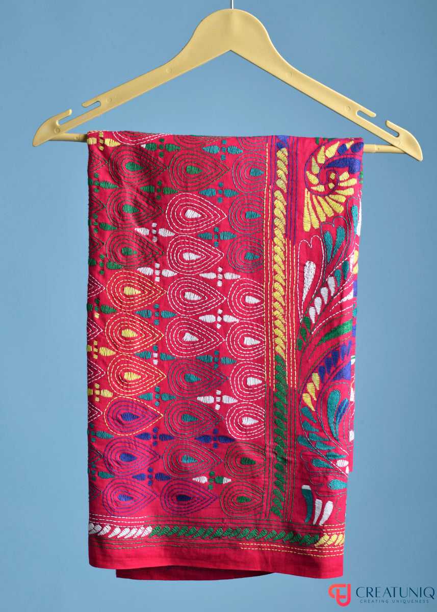 Floral Kantha Hand Embroidery Dupatta on Pure Cotton- Red