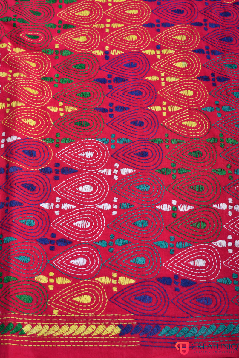 Floral Kantha Hand Embroidery Dupatta on Pure Cotton- Red
