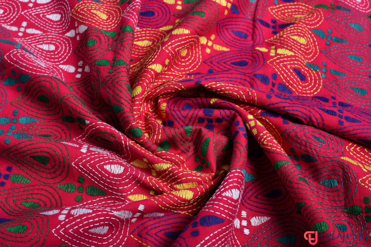 Floral Kantha Hand Embroidery Dupatta on Pure Cotton- Red