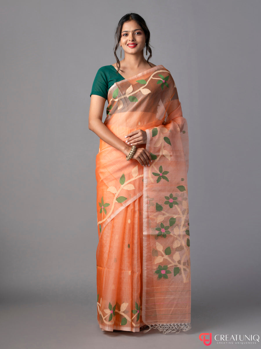 Floral Orange Jamdani Saree in Pure Silk