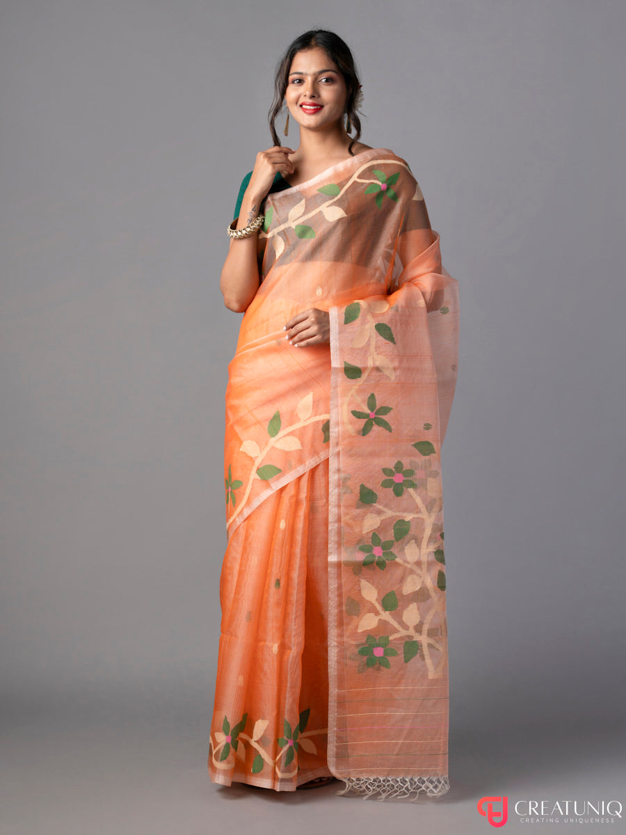 Floral Orange Jamdani Saree in Pure Silk