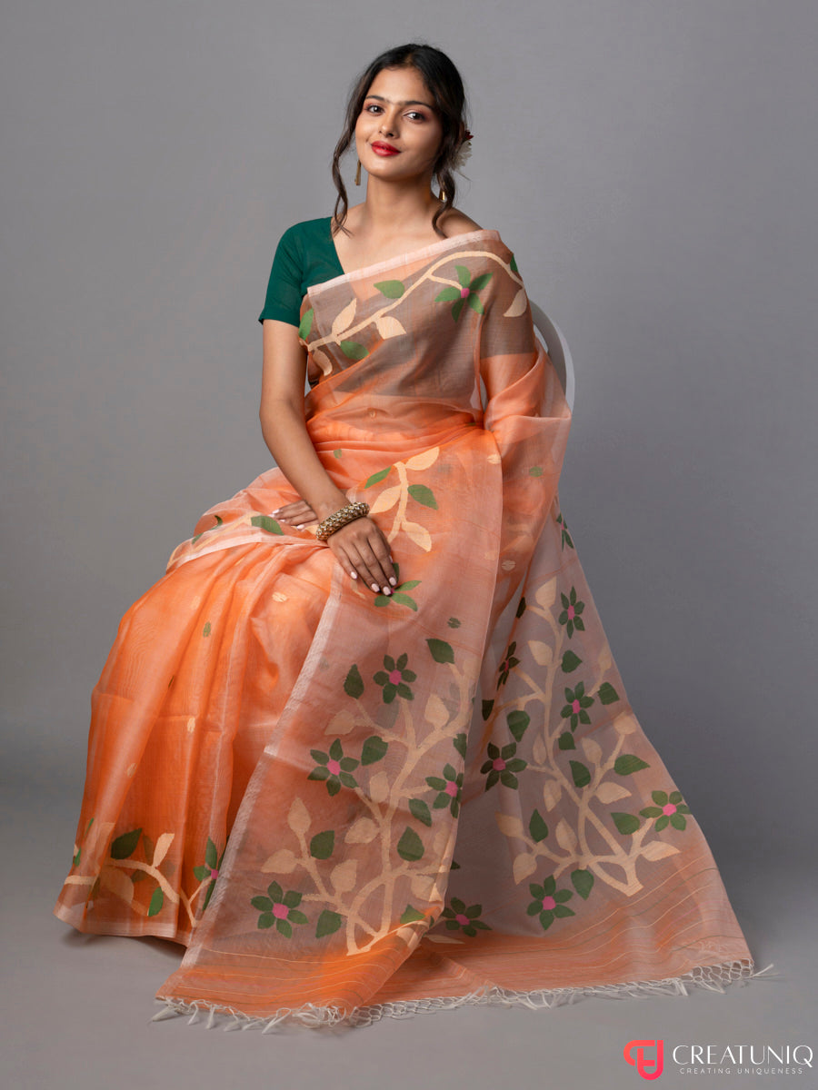 Floral Orange Jamdani Saree in Pure Silk
