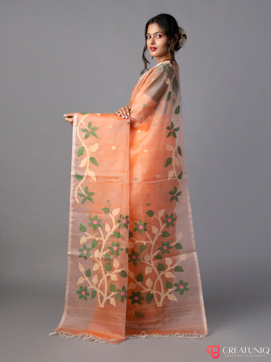 Floral Orange Jamdani Saree in Pure Silk
