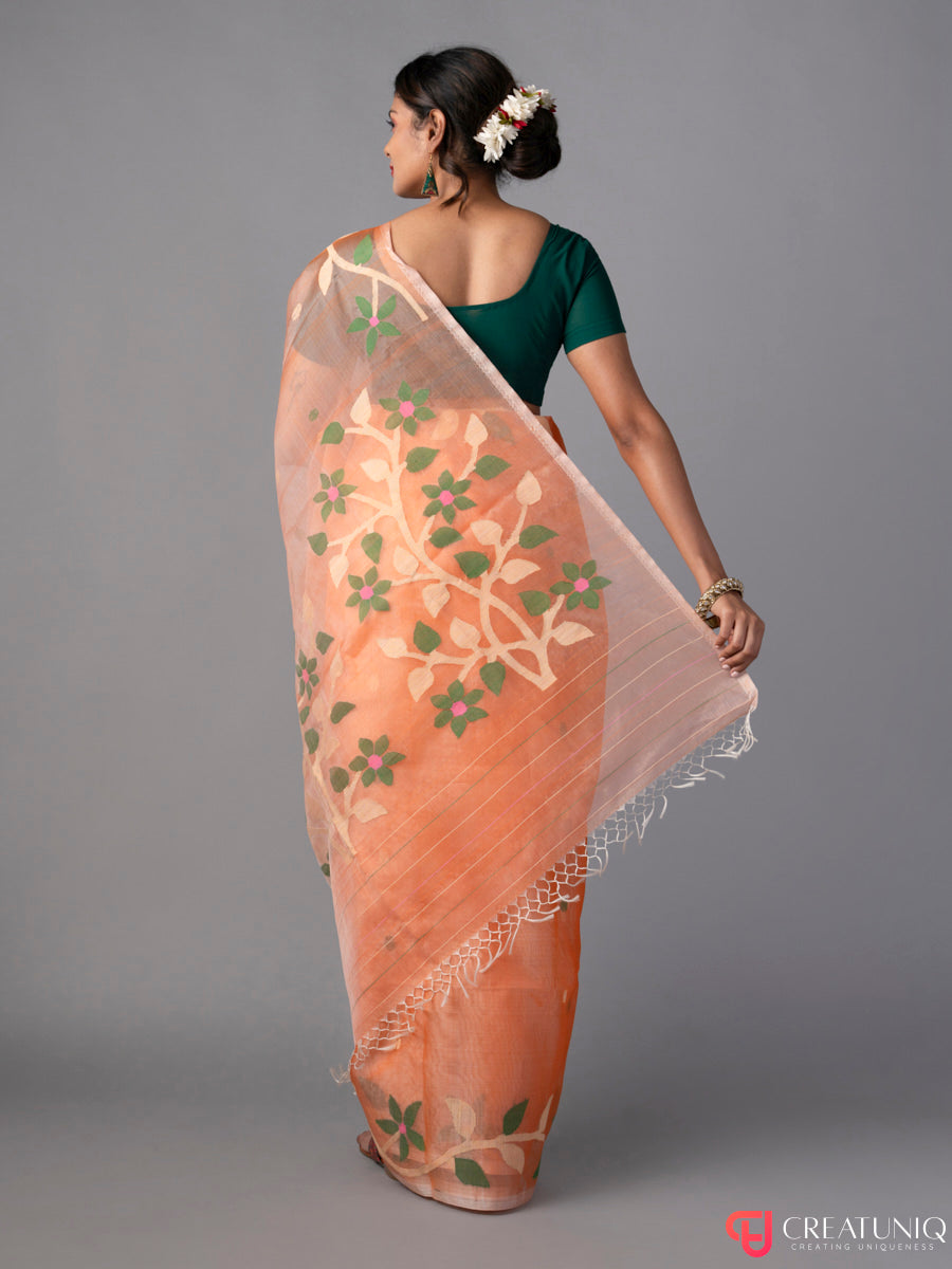 Floral Orange Jamdani Saree in Pure Silk