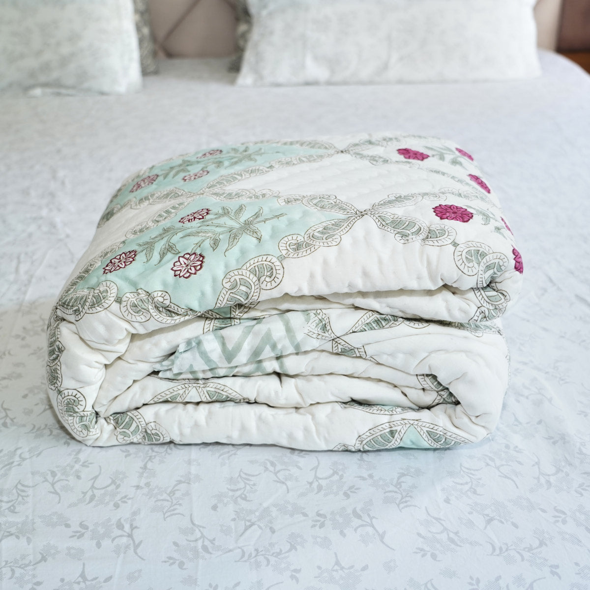 Floral Trellis Dream Reversible Hand Block Printed Cotton Quilt