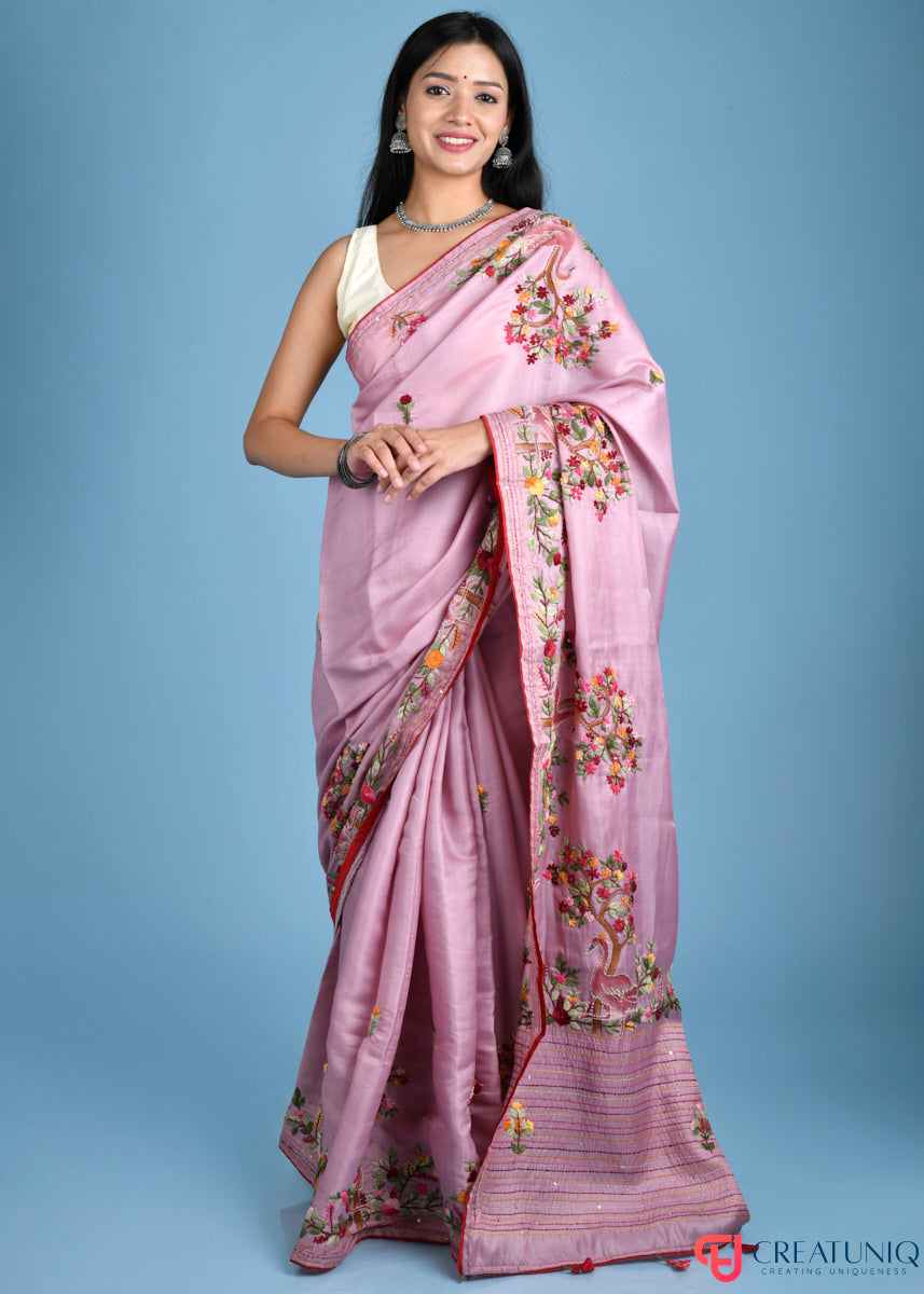 Floral and Crane Motif Hand-Embroidered Pink Blended Silk Saree