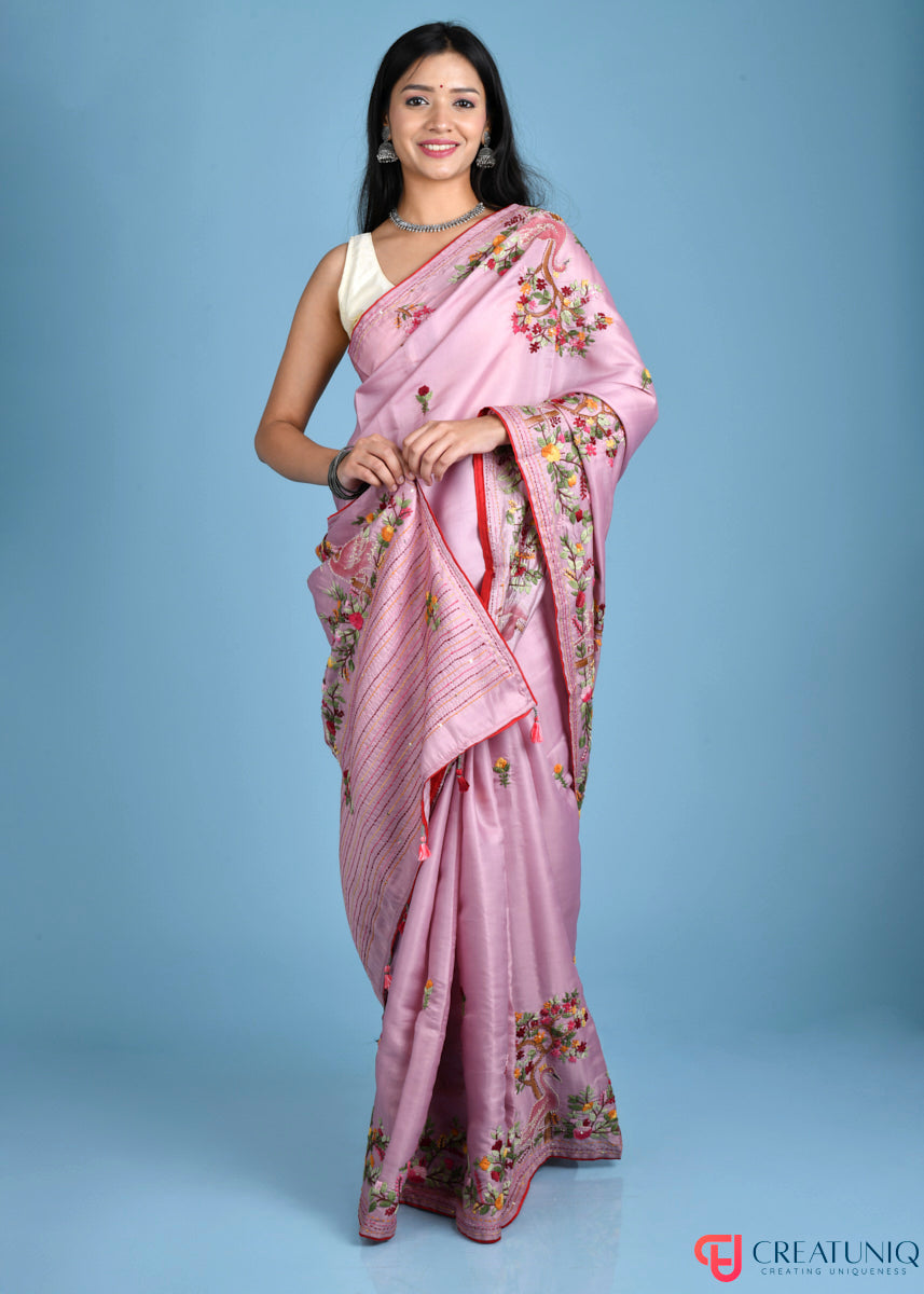 Floral and Crane Motif Hand-Embroidered Pink Blended Silk Saree