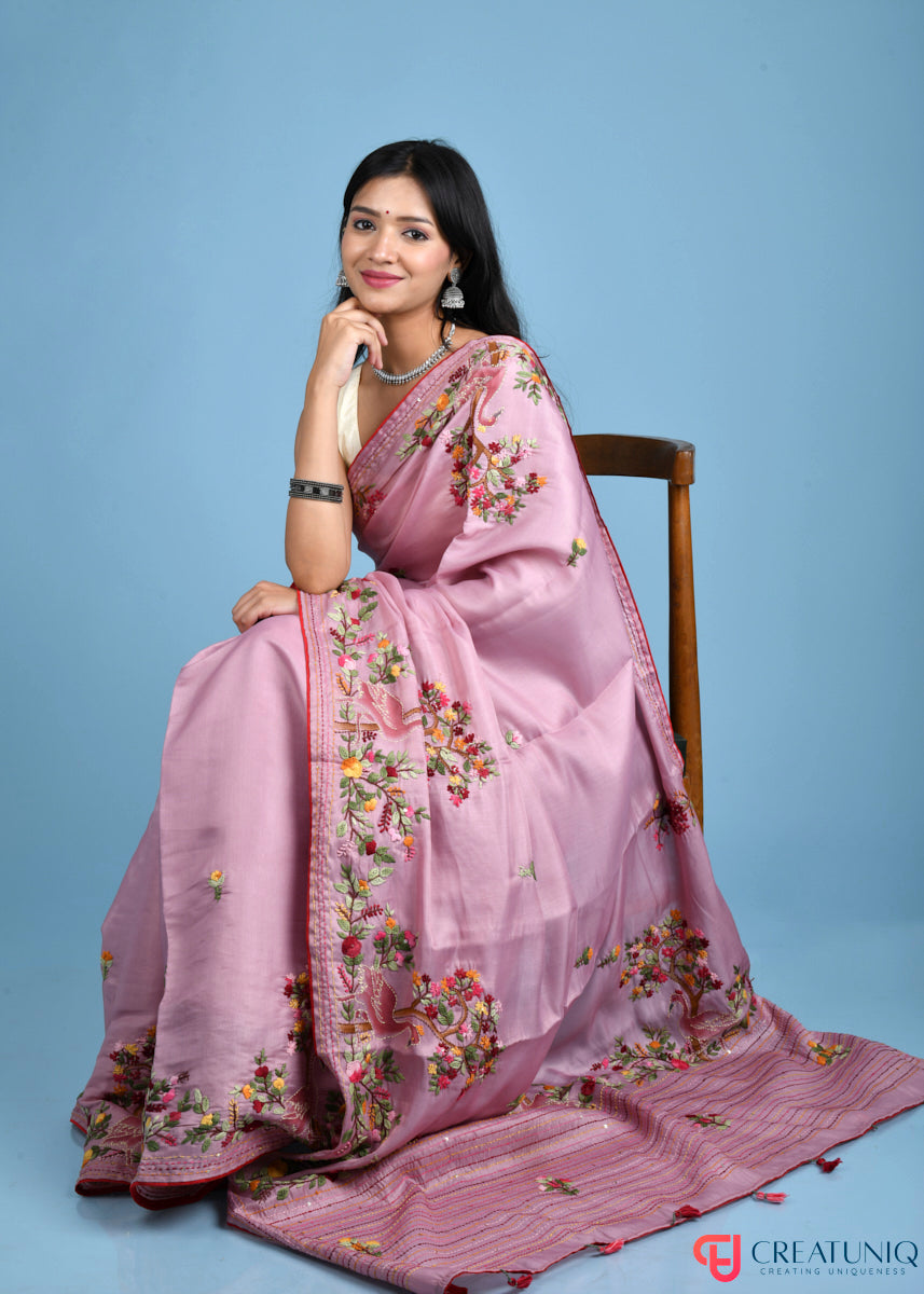 Floral and Crane Motif Hand-Embroidered Pink Blended Silk Saree