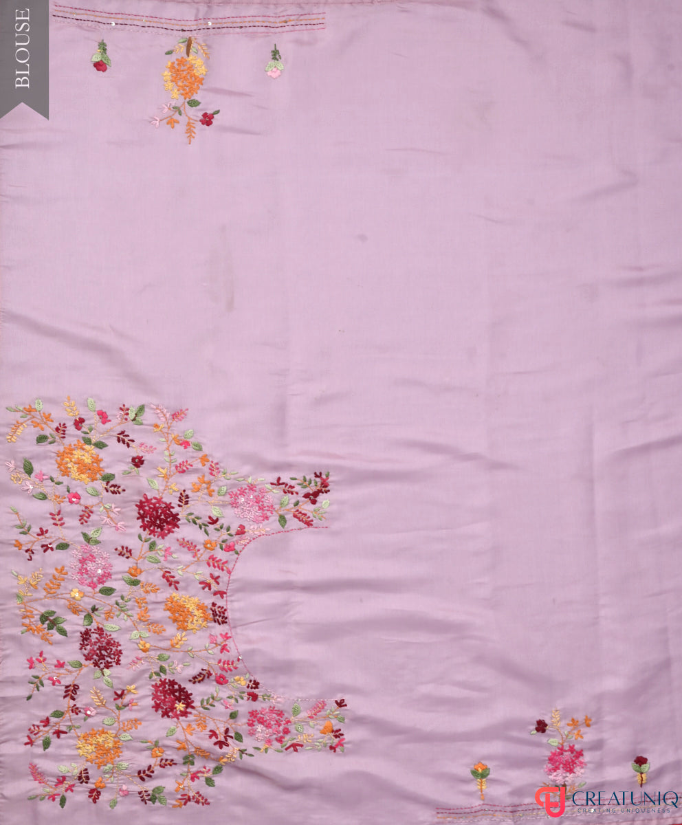Floral and Crane Motif Hand-Embroidered Pink Blended Silk Saree