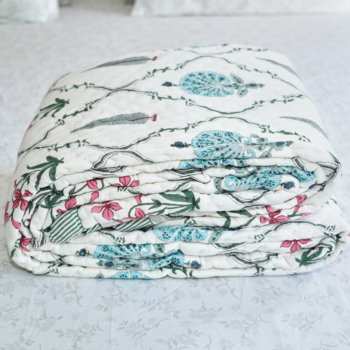 Garden Glow Reversible Hand Block Printed Cotton Quilt