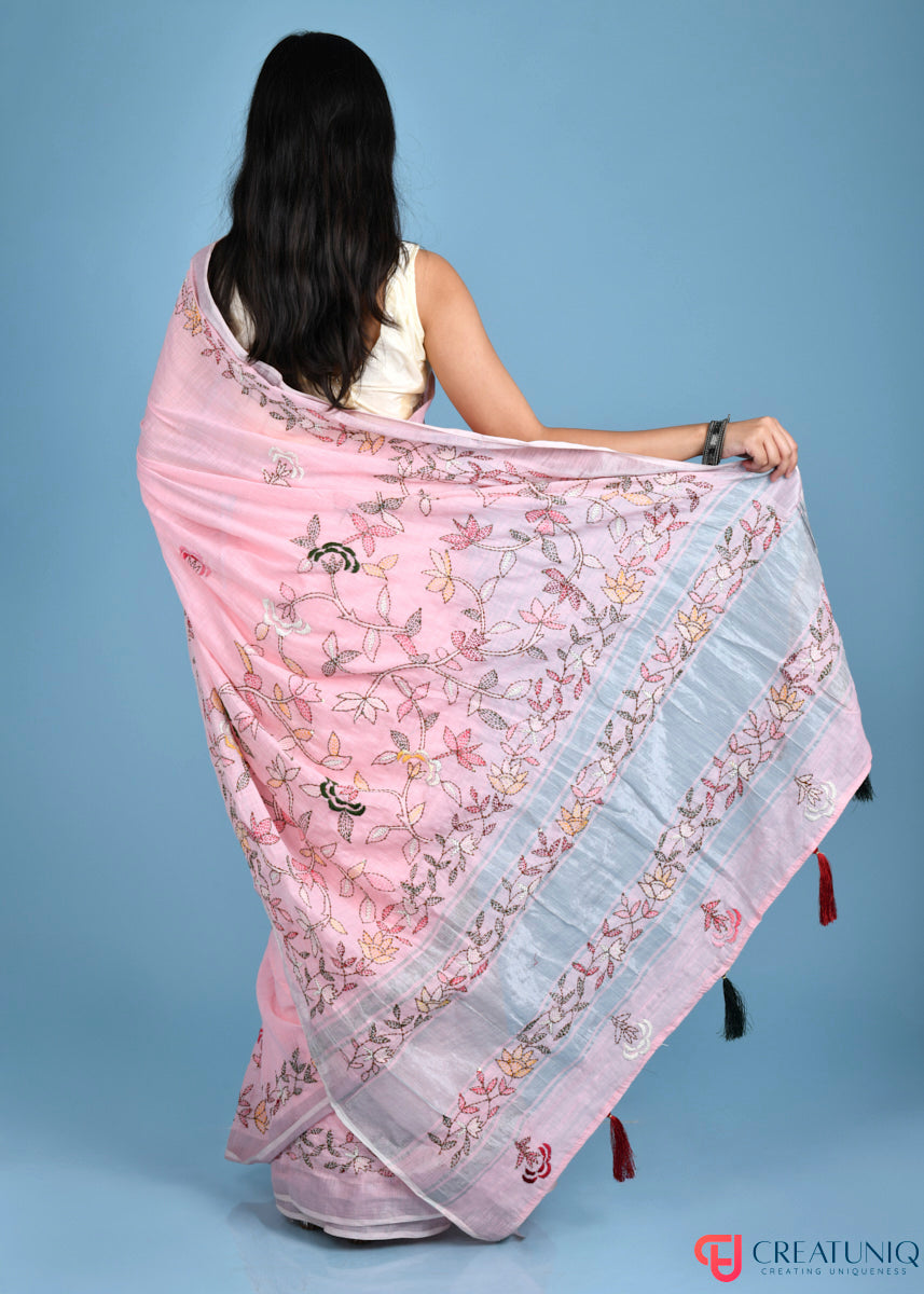 Hand-Embroidered Pink Linen Saree with Lite Floral Kantha Stitch