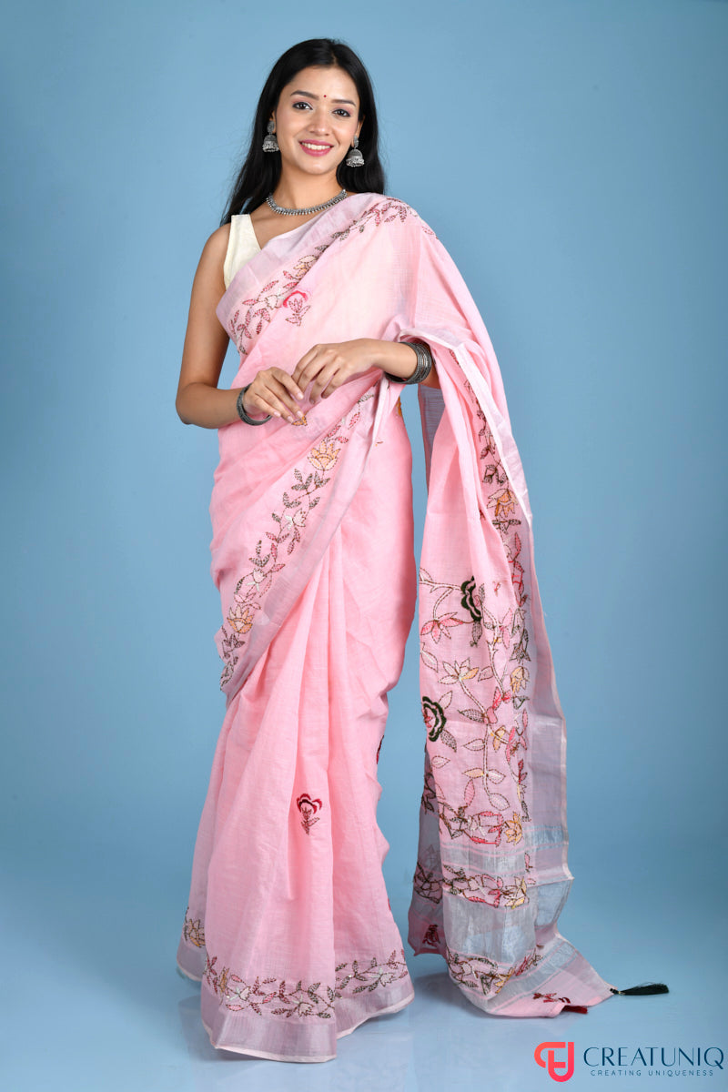 Hand-Embroidered Pink Linen Saree with Lite Floral Kantha Stitch