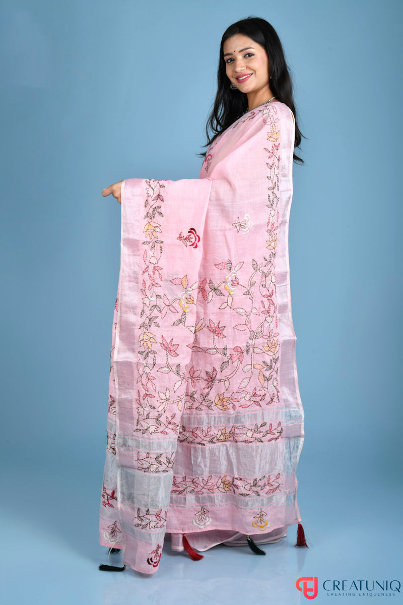Hand-Embroidered Pink Linen Saree with Lite Floral Kantha Stitch
