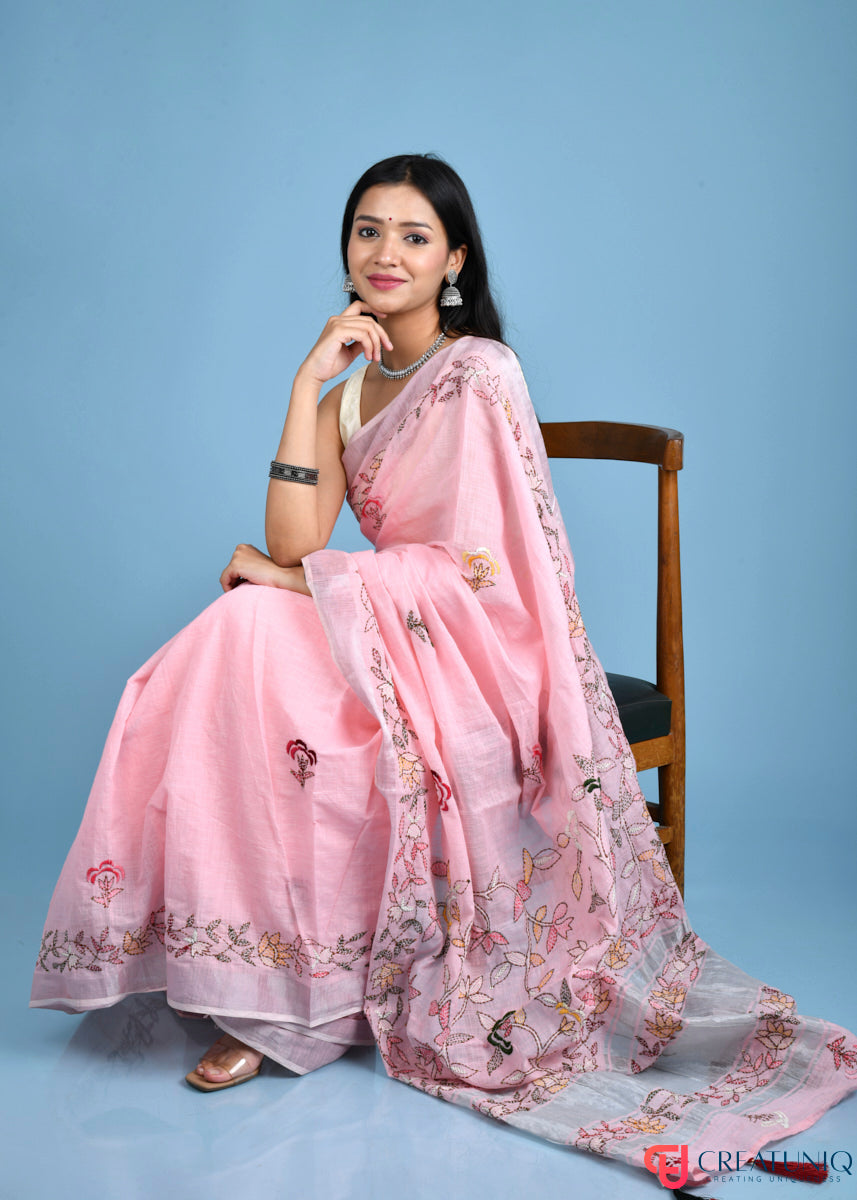 Hand-Embroidered Pink Linen Saree with Lite Floral Kantha Stitch