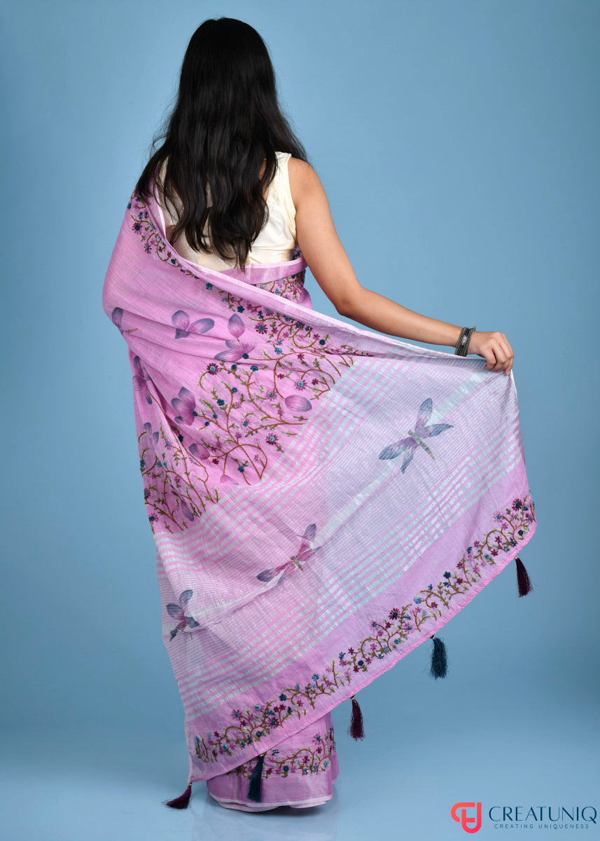 Hand-Painted Linen Saree with Intricate Dragonfly Embroidery