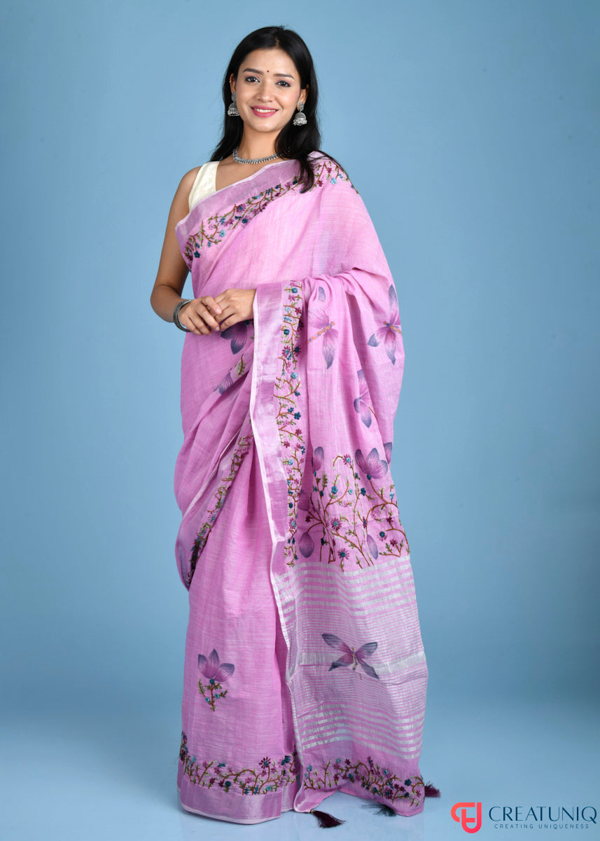 Hand-Painted Linen Saree with Intricate Dragonfly Embroidery