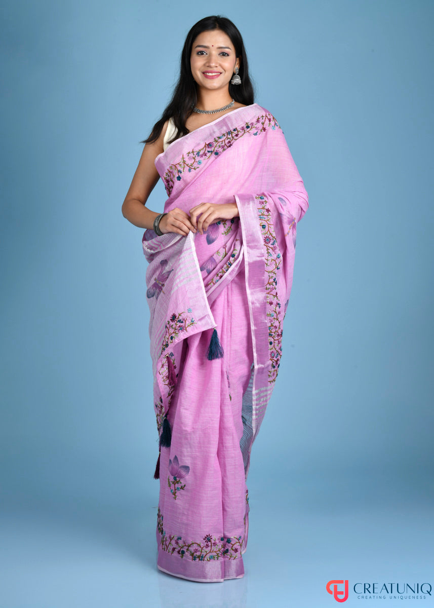 Hand-Painted Linen Saree with Intricate Dragonfly Embroidery