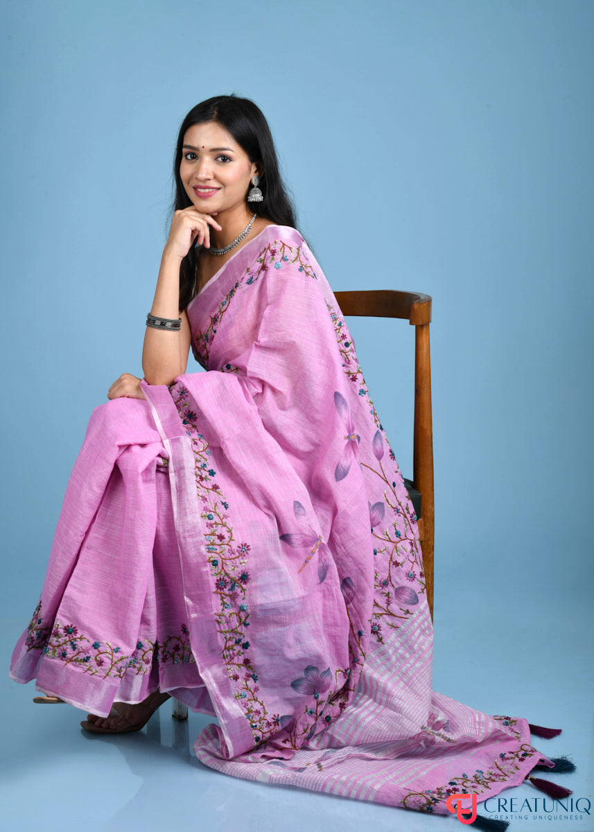 Hand-Painted Linen Saree with Intricate Dragonfly Embroidery