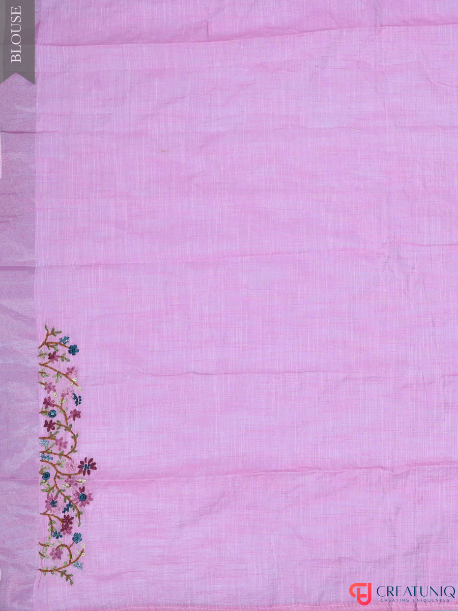 Hand-Painted Linen Saree with Intricate Dragonfly Embroidery