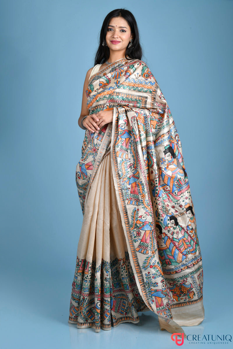 Hand-Painted Madhubani Pure Silk Saree Showcasing Royal Possessions