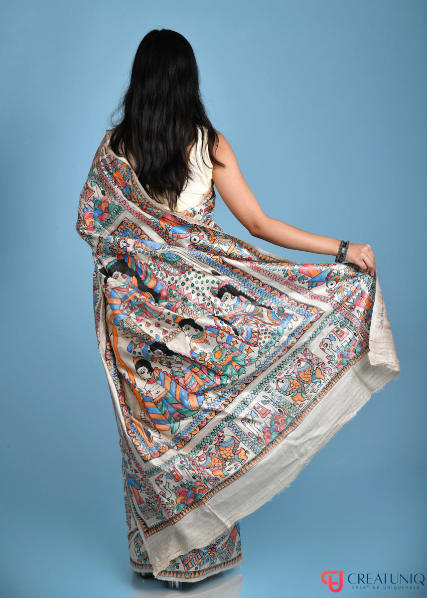 Hand-Painted Madhubani Pure Silk Saree Showcasing Royal Possessions