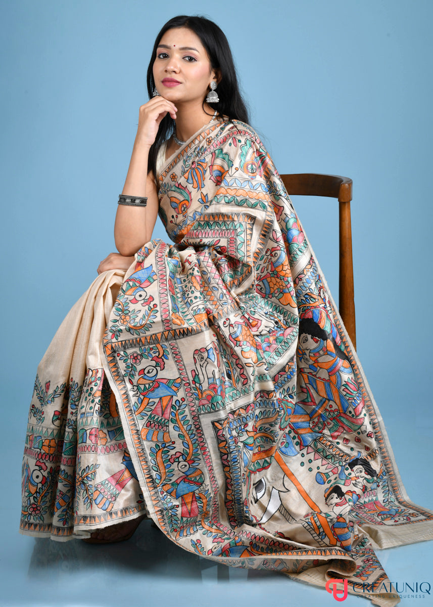 Hand-Painted Madhubani Pure Silk Saree Showcasing Royal Possessions