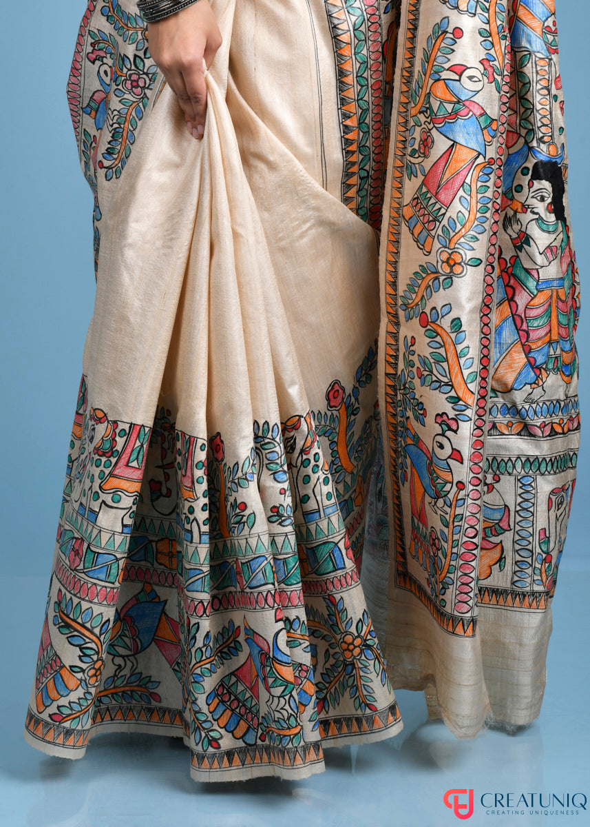 Hand-Painted Madhubani Pure Silk Saree Showcasing Royal Possessions