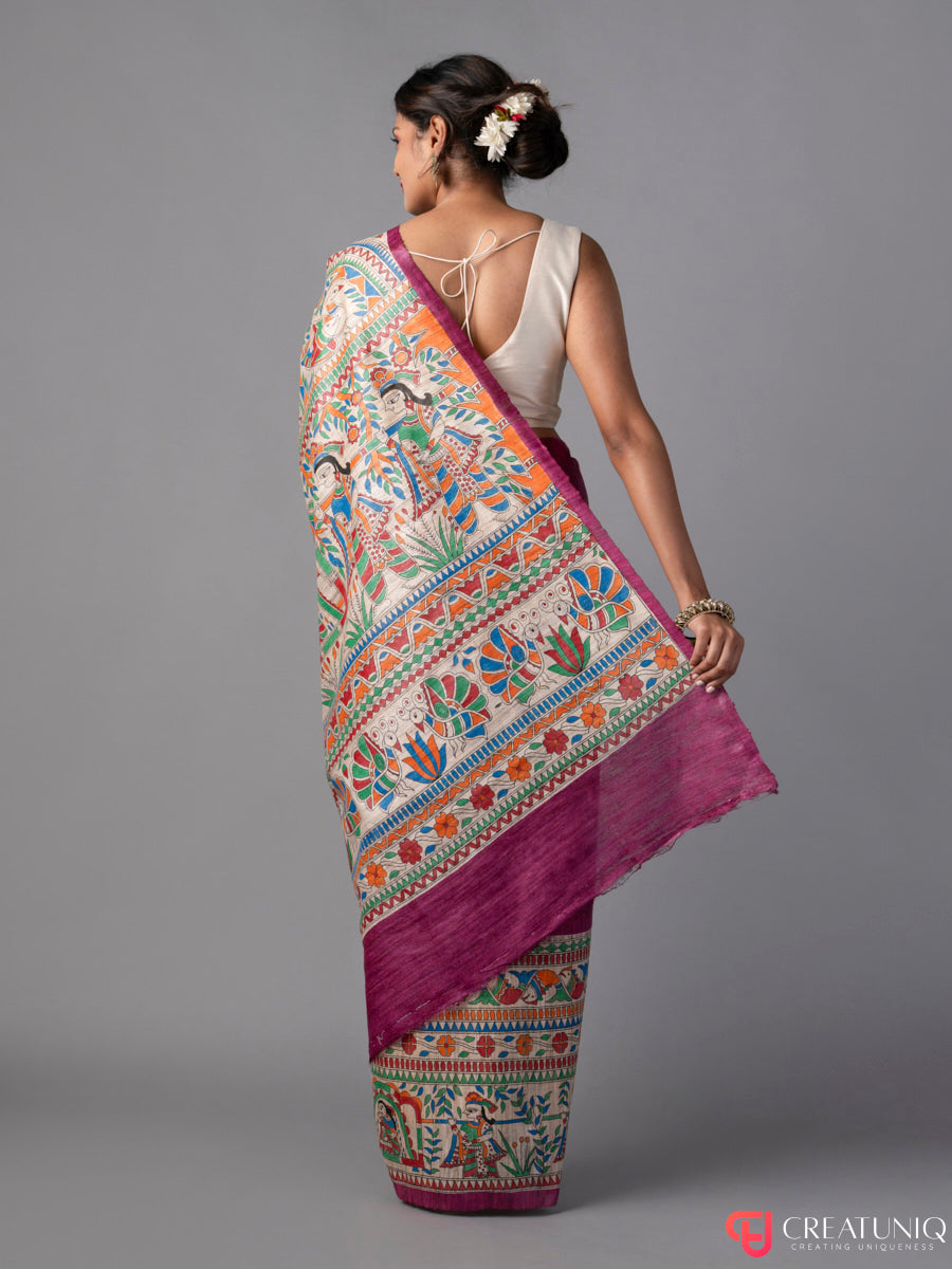 Handcrafted Madhubani Pure Silk Saree – Palki Motif on Magenta