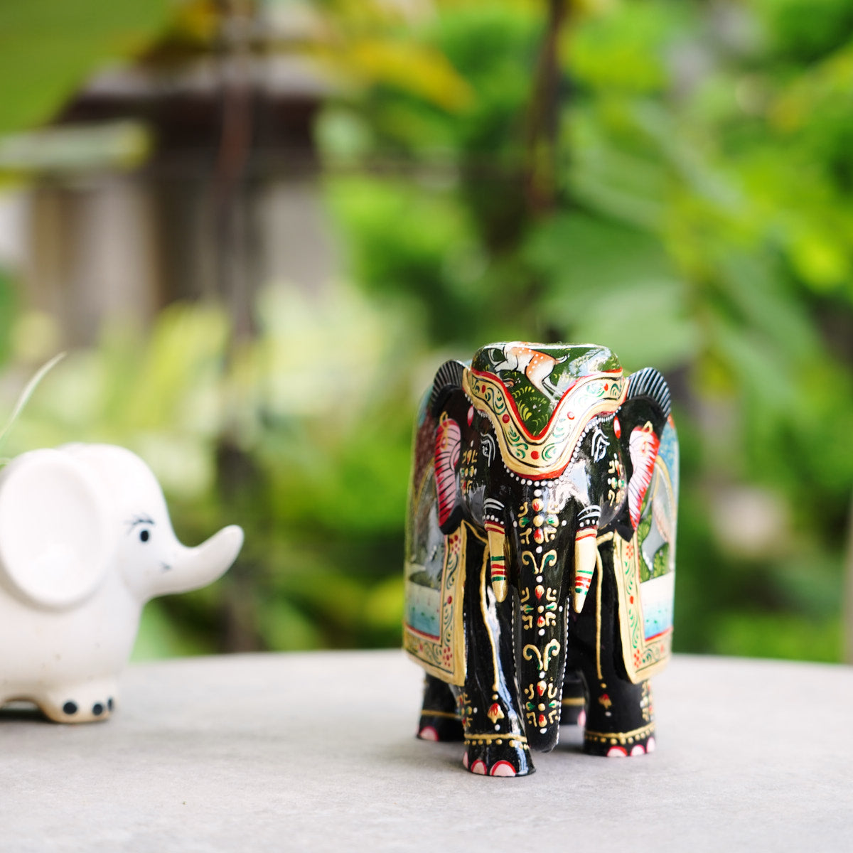 Handmade Wooden Elephant, 6", Hand Painted Shikari Scene