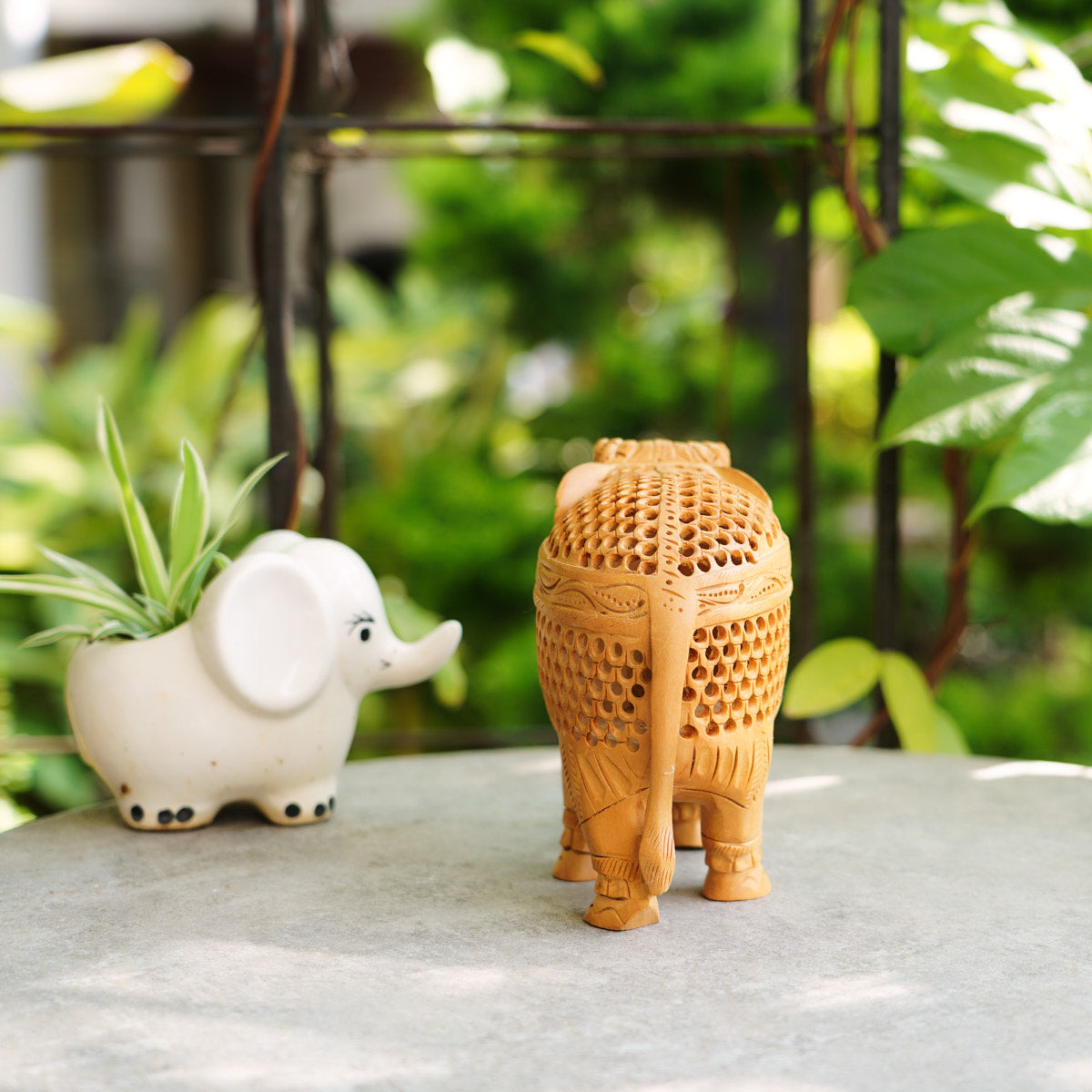 Handmade Wooden Elephant, 6", Trunk Down with Jaali Carving