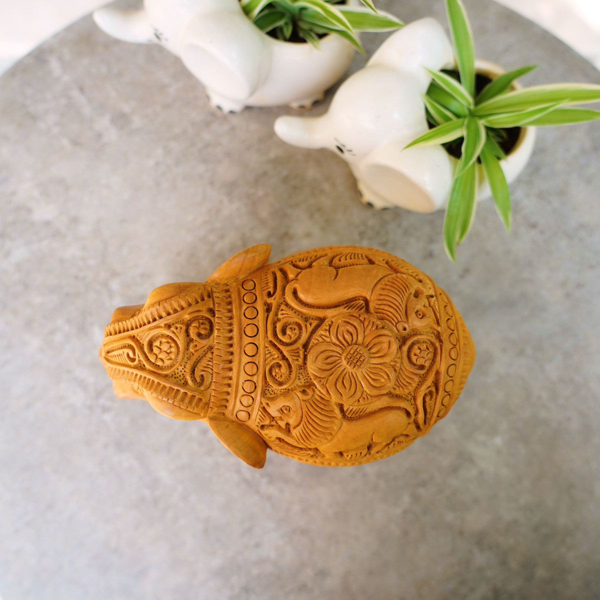 Handmade Wooden Elephant, 6", Trunk Up with Shikari Carving