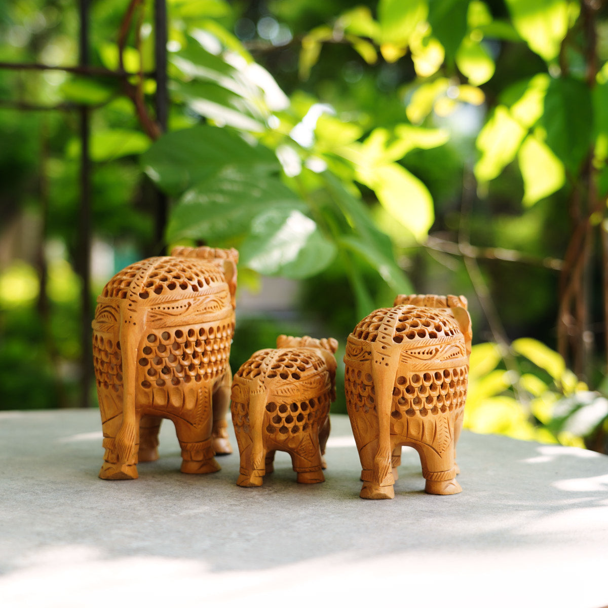 Handmade Wooden Elephant Family Set, 5",4",3" Trunk Down with Jaali Carving