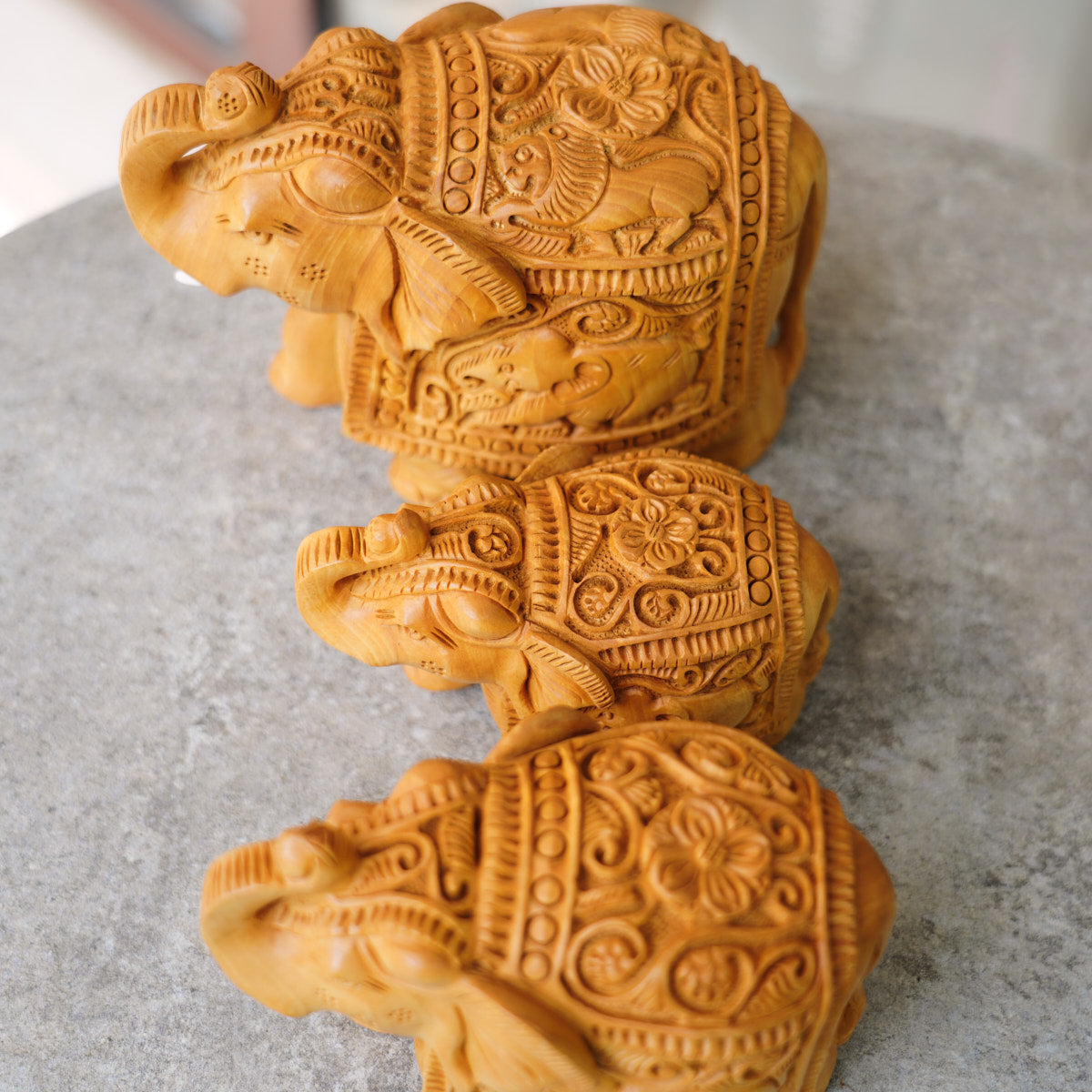 Handmade Wooden Elephant Family Set, 5",4",3" Trunk Up with Shikar Carving