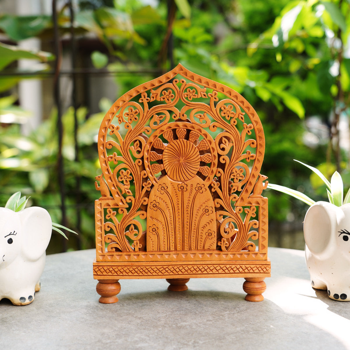 Handmade Wooden Ganesha Idol, 10", with Intricate Jali Pattern