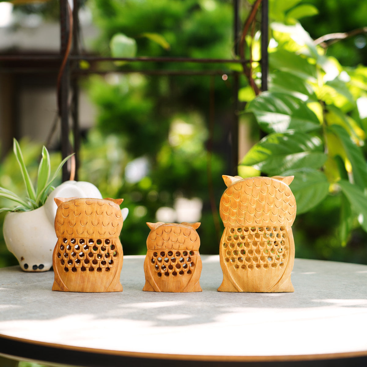 Handmade Wooden Owl Family Set, 5",4",3" with Jaali Carving