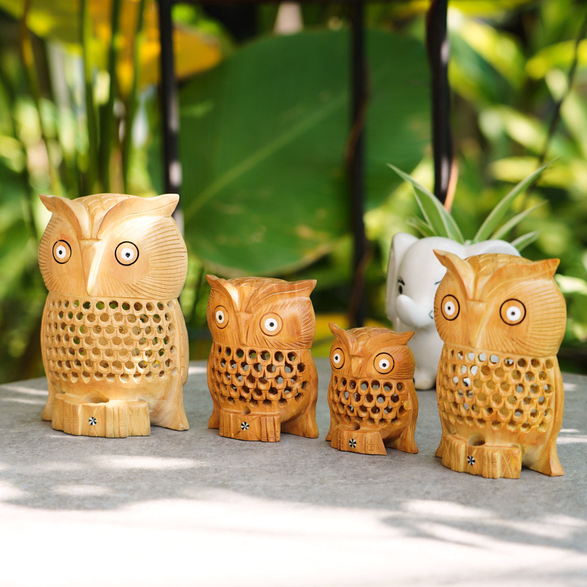 Handmade Wooden Owl Family Set, 6", 5",4",3" with Jaali Carving