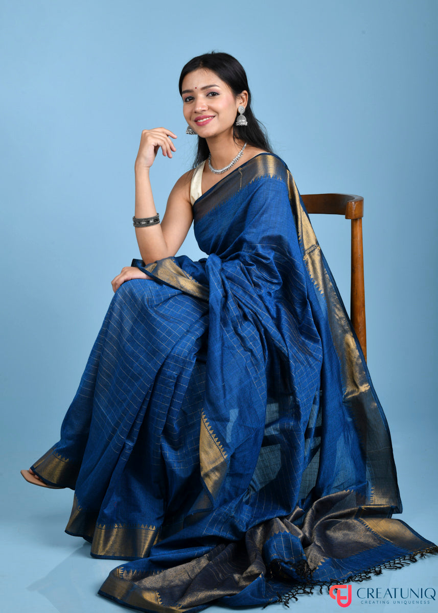 Handwoven Pure Cotton Saree with Regal Golden Zari and Checks - Blue