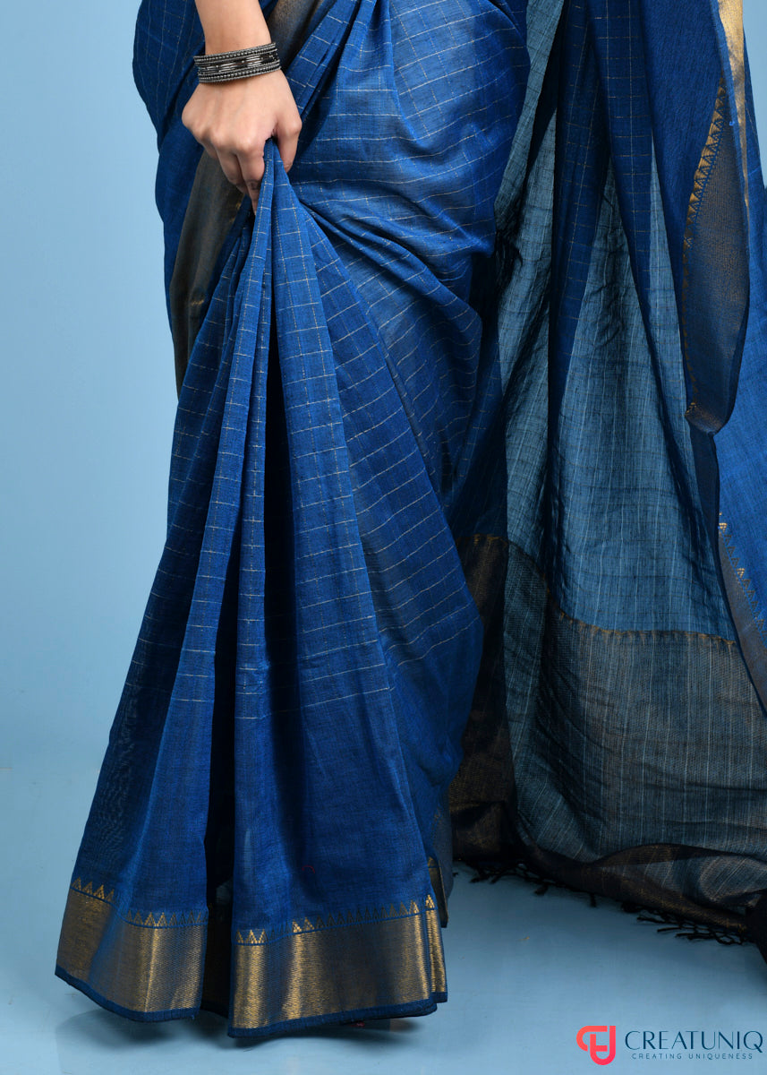Handwoven Pure Cotton Saree with Regal Golden Zari and Checks - Blue