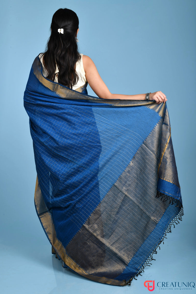 Handwoven Pure Cotton Saree with Regal Golden Zari and Checks - Blue