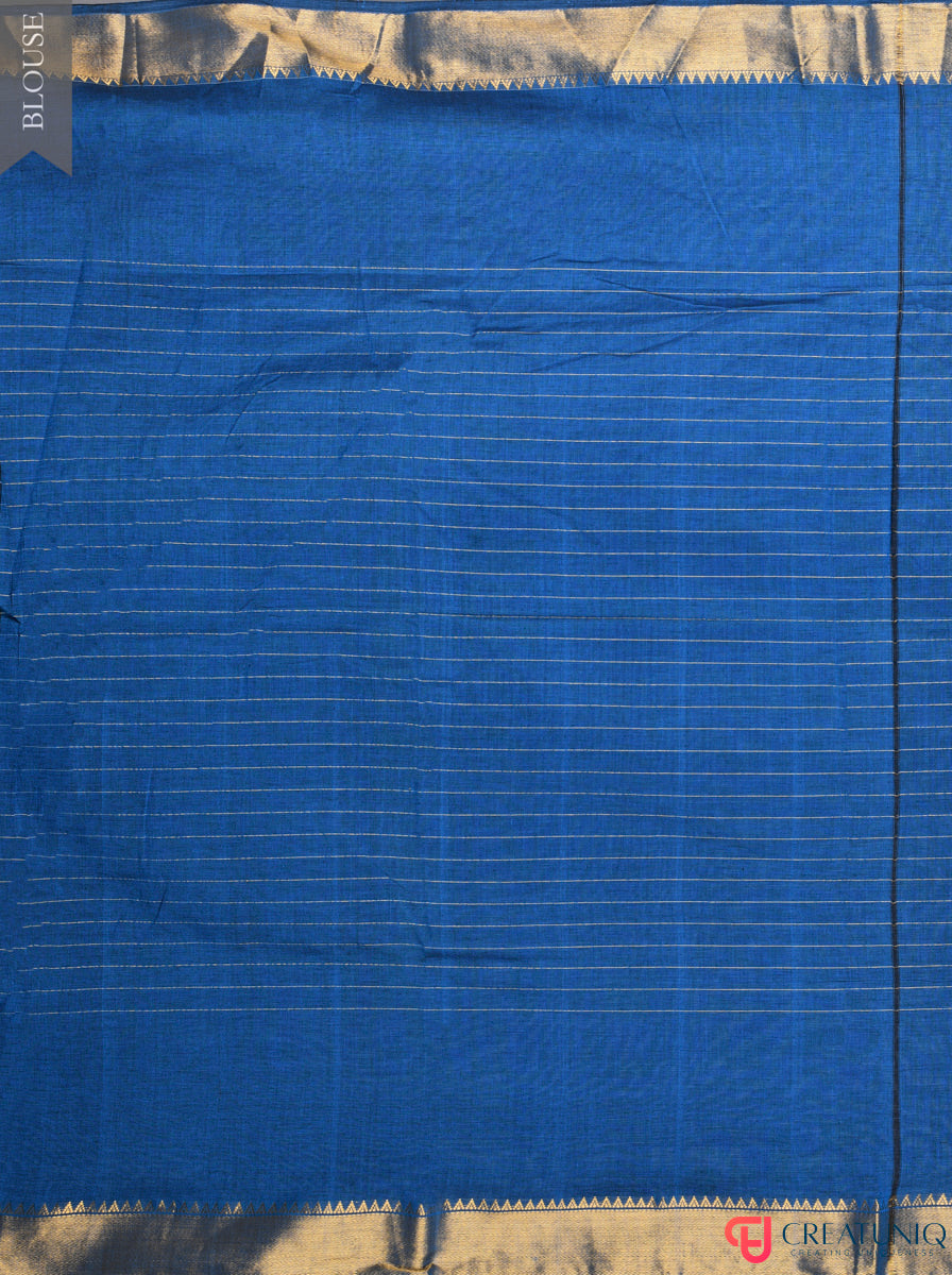 Handwoven Pure Cotton Saree with Regal Golden Zari and Checks - Blue