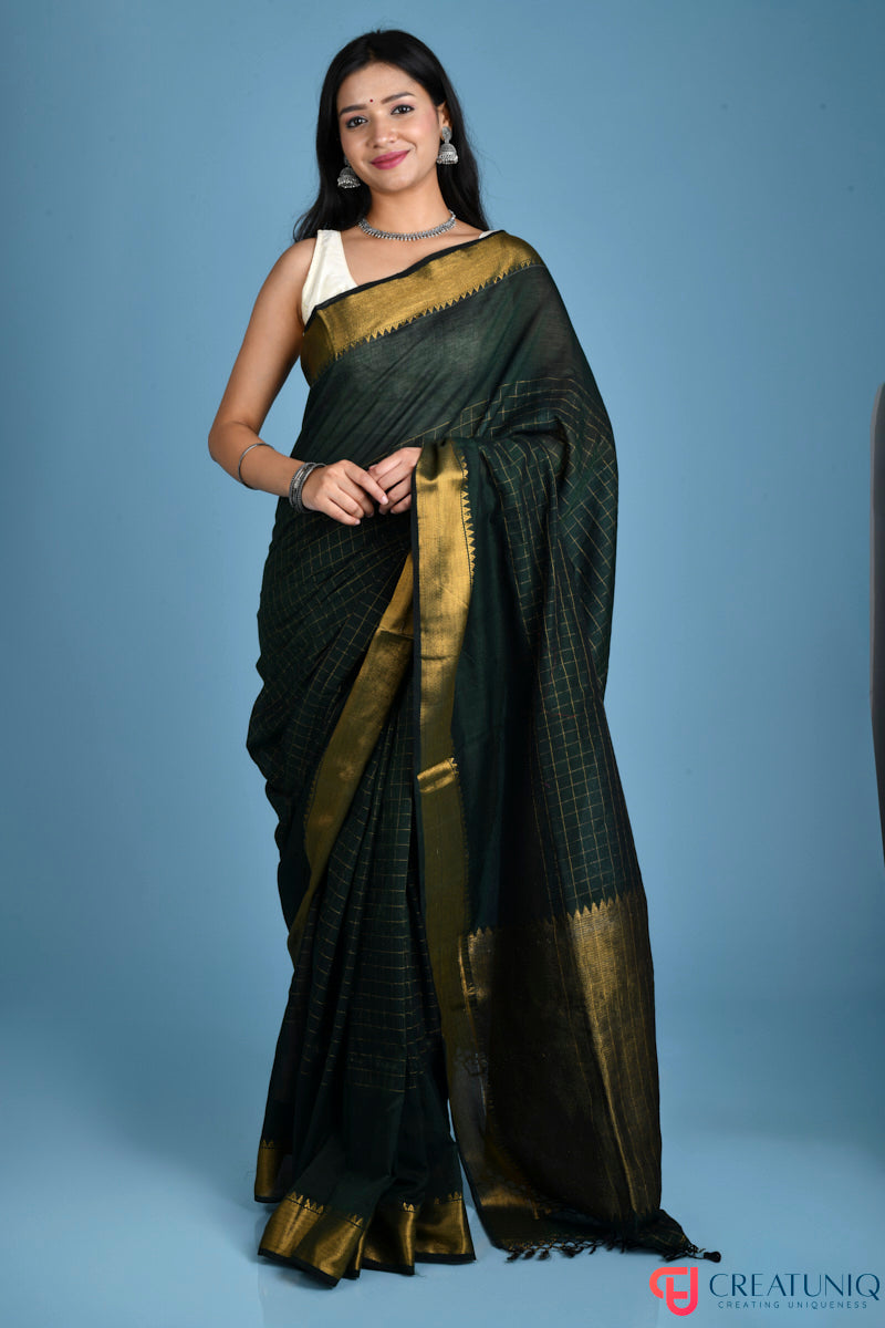 Handwoven Pure Cotton Saree with Regal Golden Zari and Checks - Green