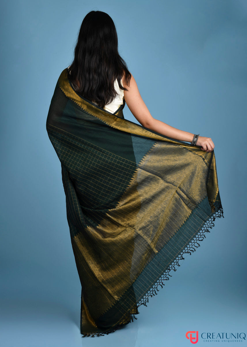 Handwoven Pure Cotton Saree with Regal Golden Zari and Checks - Green