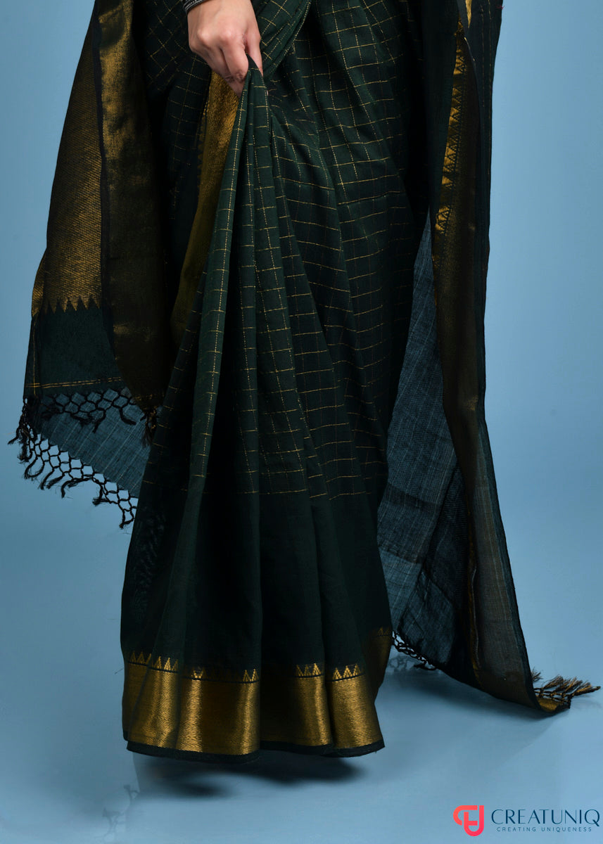 Handwoven Pure Cotton Saree with Regal Golden Zari and Checks - Green
