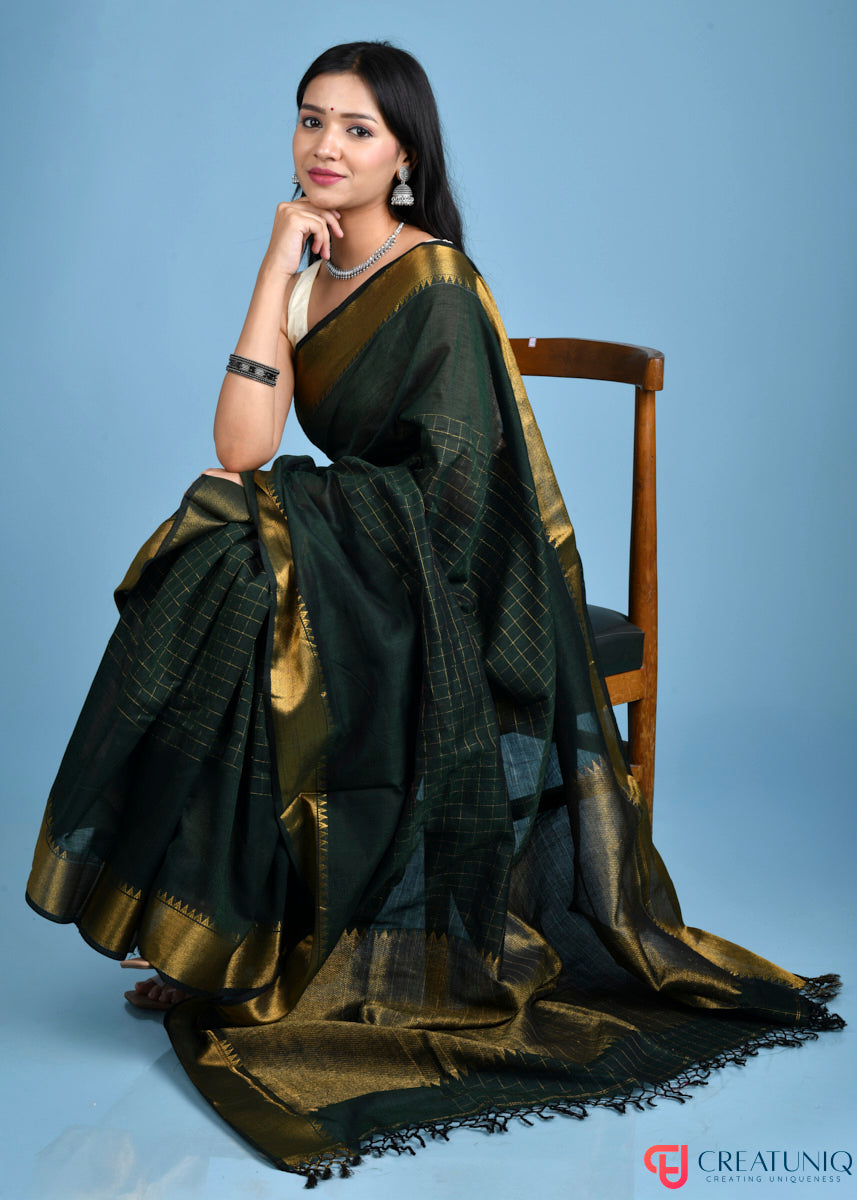 Handwoven Pure Cotton Saree with Regal Golden Zari and Checks - Green